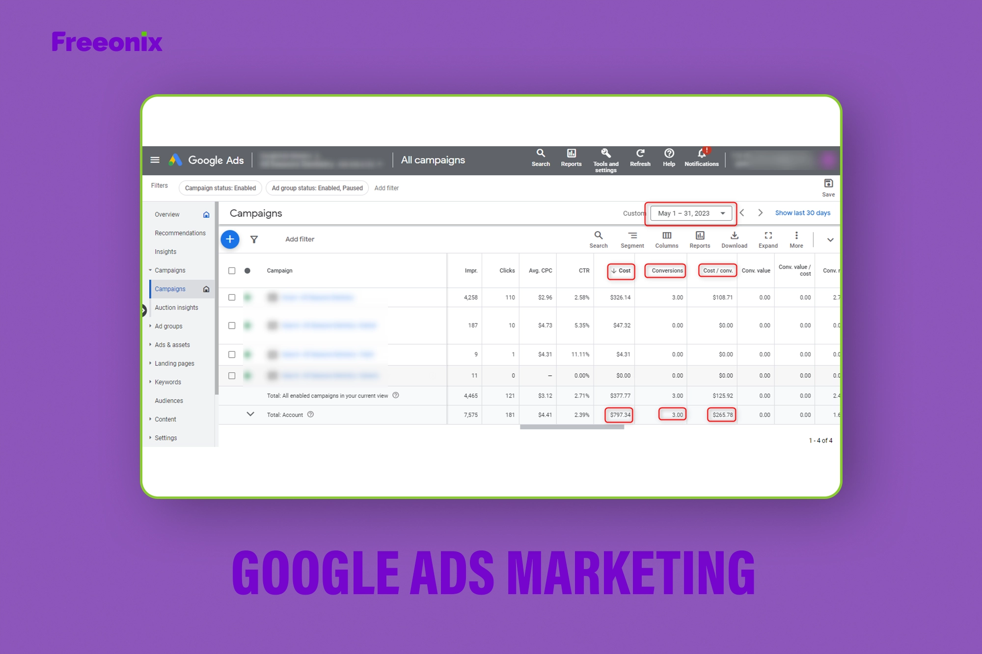 Professional Google Ads marketing portfolio showcasing successful campaigns, ad strategies, and ROI-driven results for businesses. - freeonix