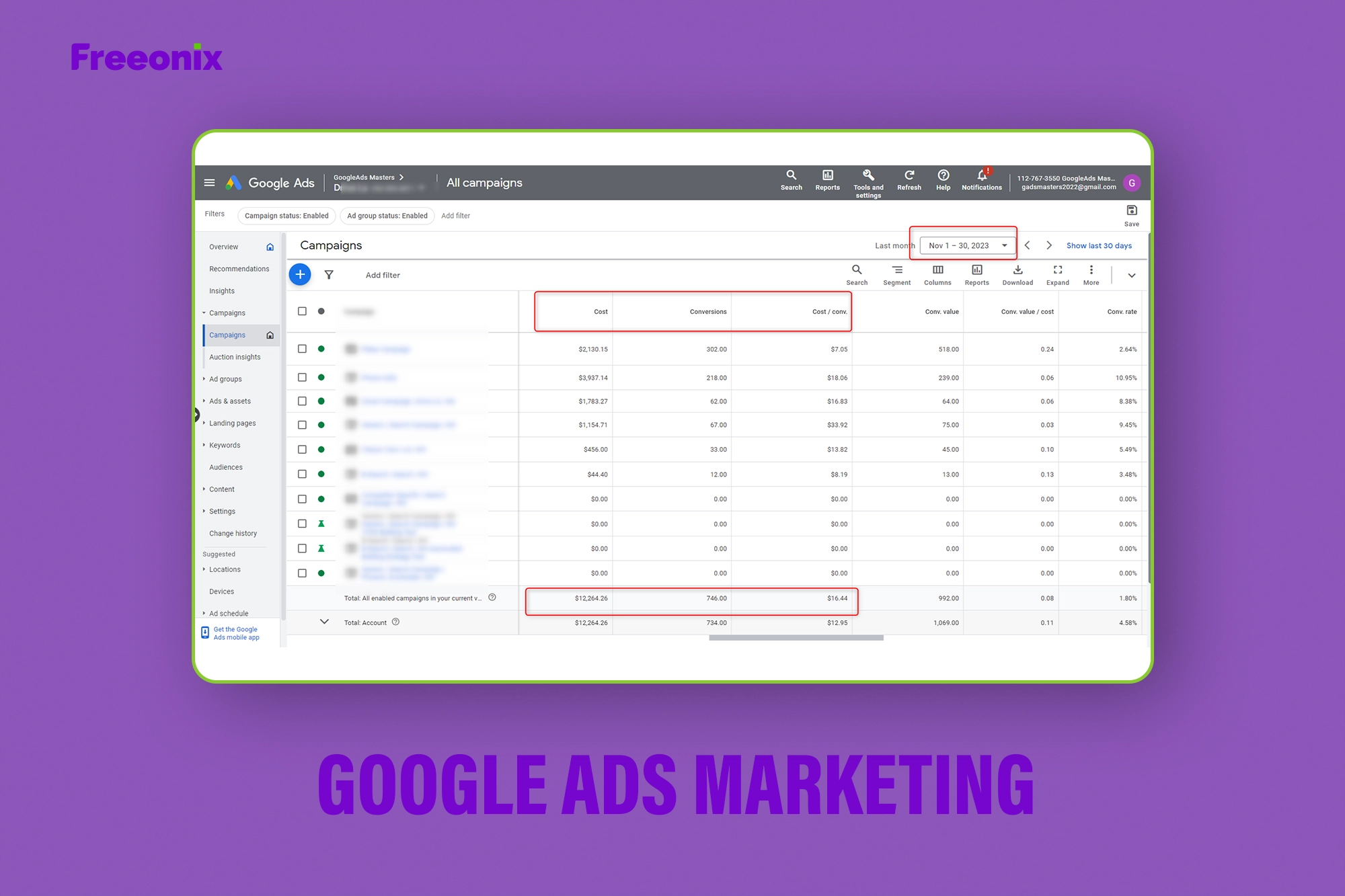 Professional Google Ads marketing portfolio showcasing successful campaigns, ad strategies, and ROI-driven results for businesses. - freeonix