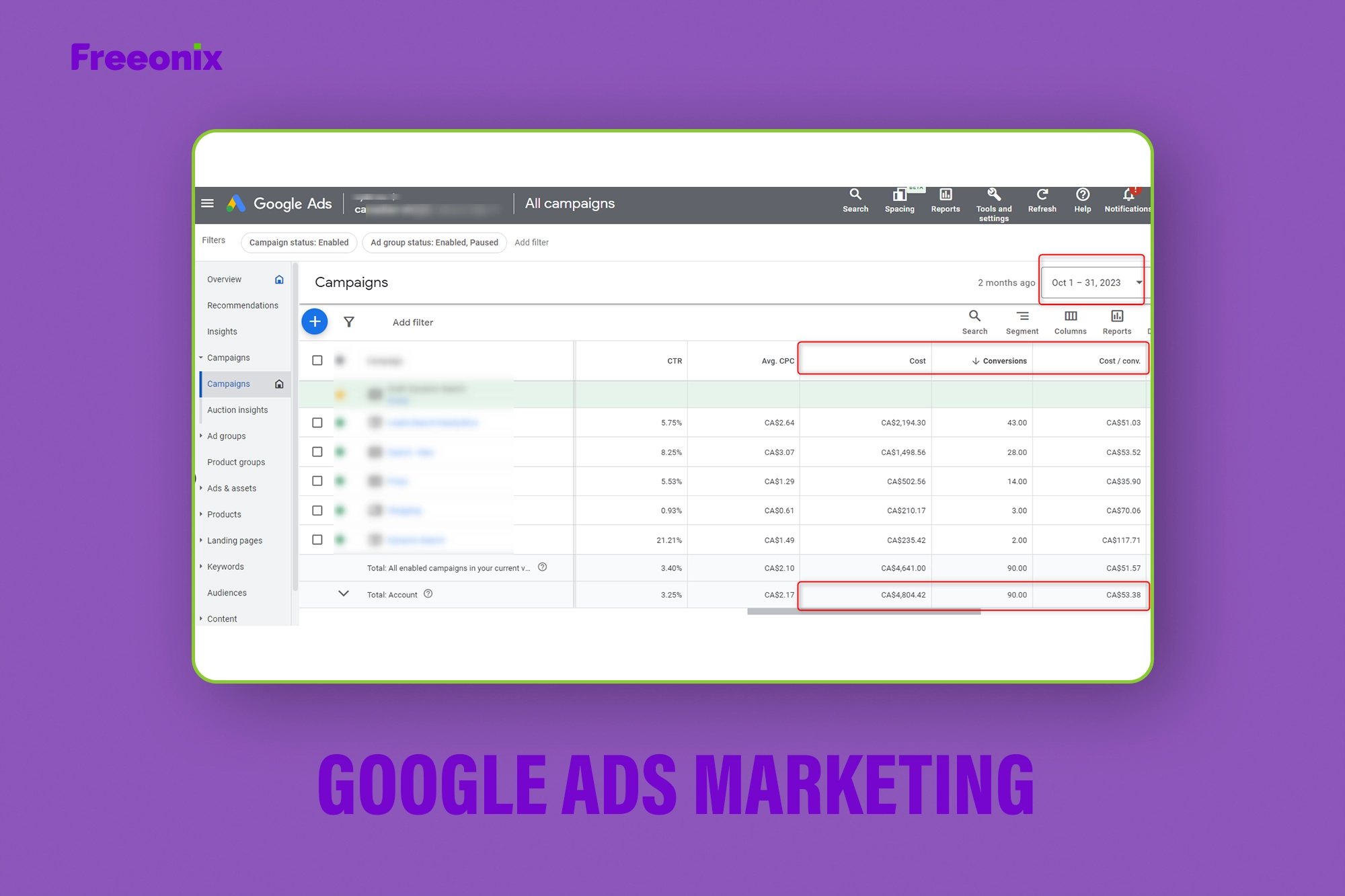 Professional Google Ads marketing portfolio showcasing successful campaigns, ad strategies, and ROI-driven results for businesses. - freeonix